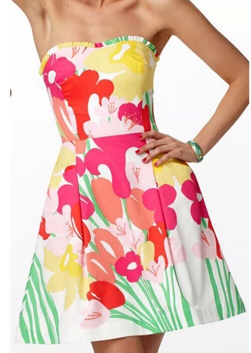 Lilly Pulitzer "Lavish Lilly" Blossom Resort White Strapless Dress Size 8 Lilly Pulitzer "Lavish Lilly" Blossom Resort White Strapless Dress Size 8