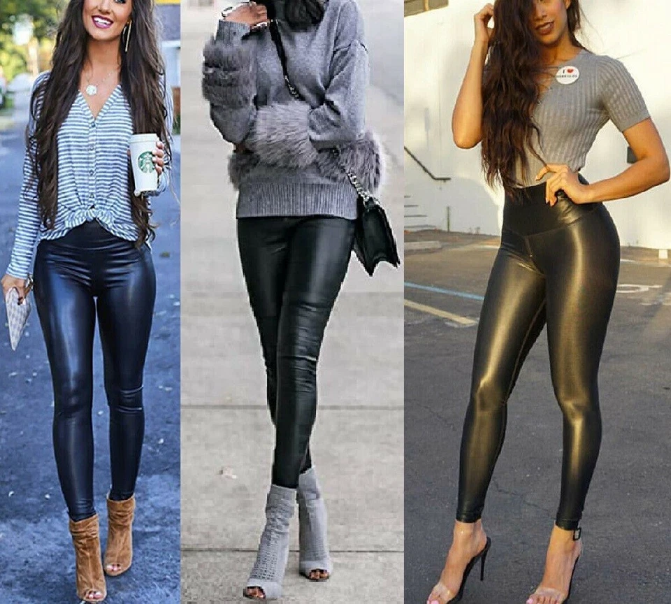 Leggings mate mate de imitación de cuero aspecto mojado brillantes ajustados longitud de tobillo*cintura alta Foto 4 de 4