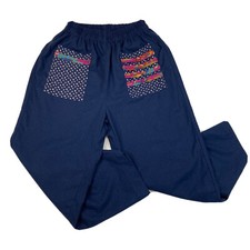 Patchwork Ethnic Style Pants Med Navy Cotton Lagenlook Boho Hippie Art Festival
