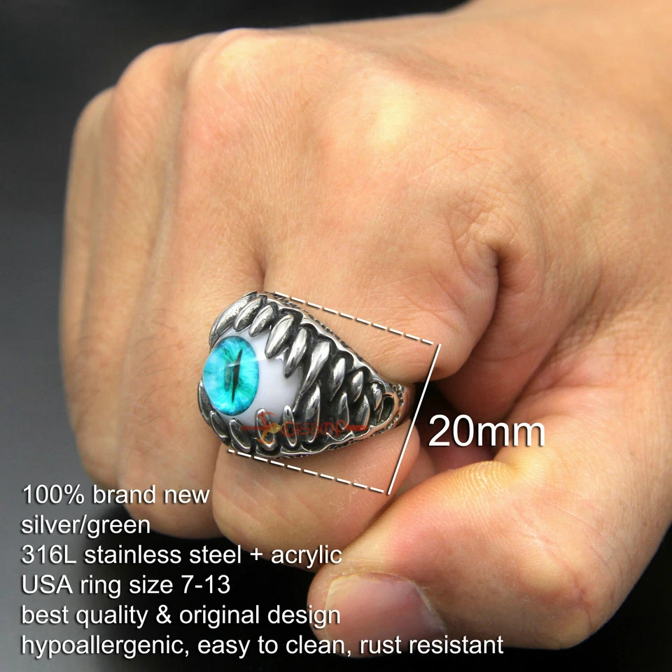 Anillo de motociclista de acero inoxidable 316L plata mal de ojo dientes de dragón retro punk para hombre Foto 2 de 4