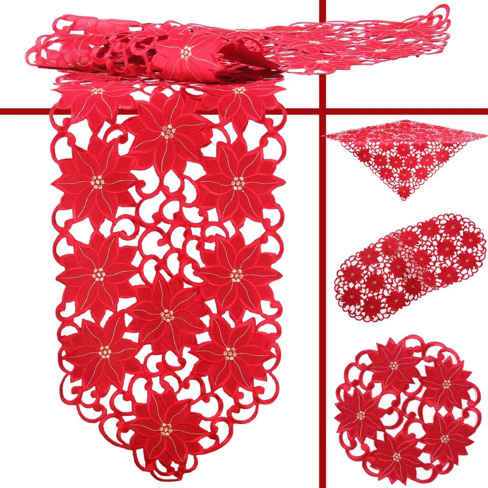 Weihnachtsstern Poinsettie Winter Stickerei Tischdecke Läufer Mitteldecke Rot - Bild 1 von 1