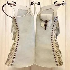 Handmade White Suede Leather Chinks: Western Rodeo Cowboy Chaps with Fringe