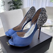 Badgley Mischka Blue Rhinestone Embellished Satin Peep Toe Stiletto Pumps
