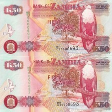 Zambia 50 Kwacha 2008 P 37g UNC Set 2 pcs Matching No.