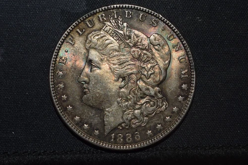Beautiful 1886 $1 Morgan Silver Dollar Toned Red, Green, Blue AU/MS #21