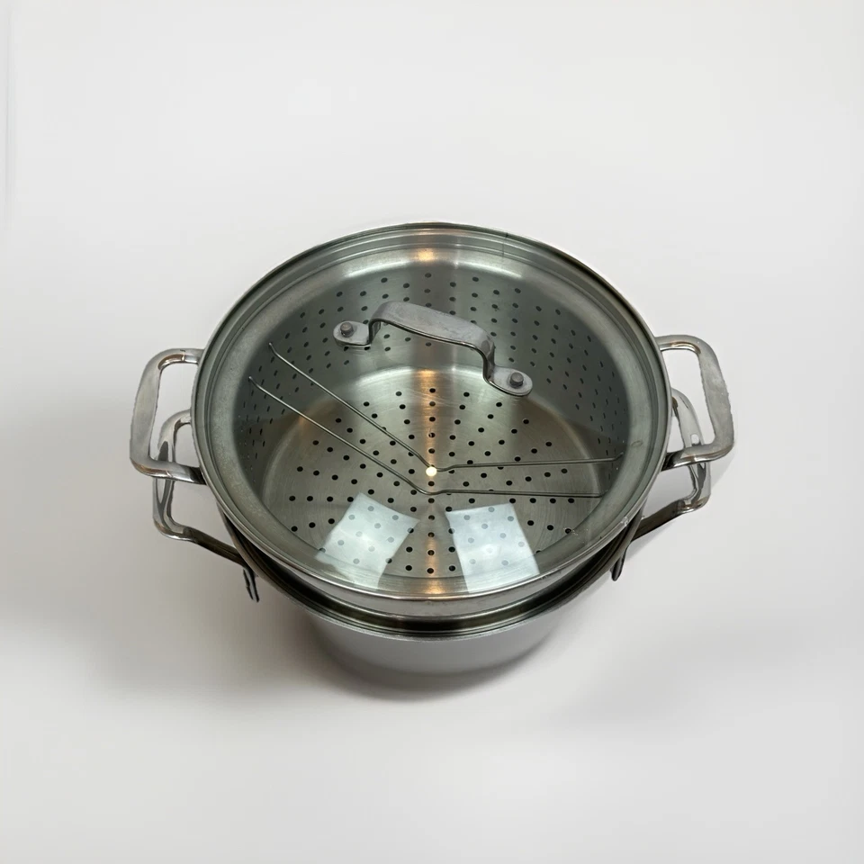 Calphalon 8Qt Stainless Stock Pot w Lid & 2 Steamer Inserts Model 8608MP - Image 3 of 4