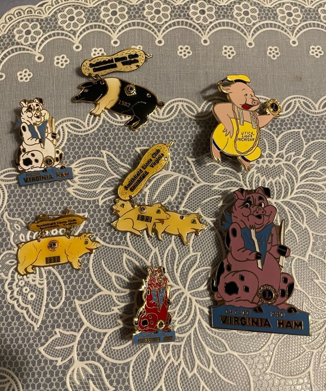Lot Of 7 PIG PINS FROM LION’s Club Conventions.  1980’s.