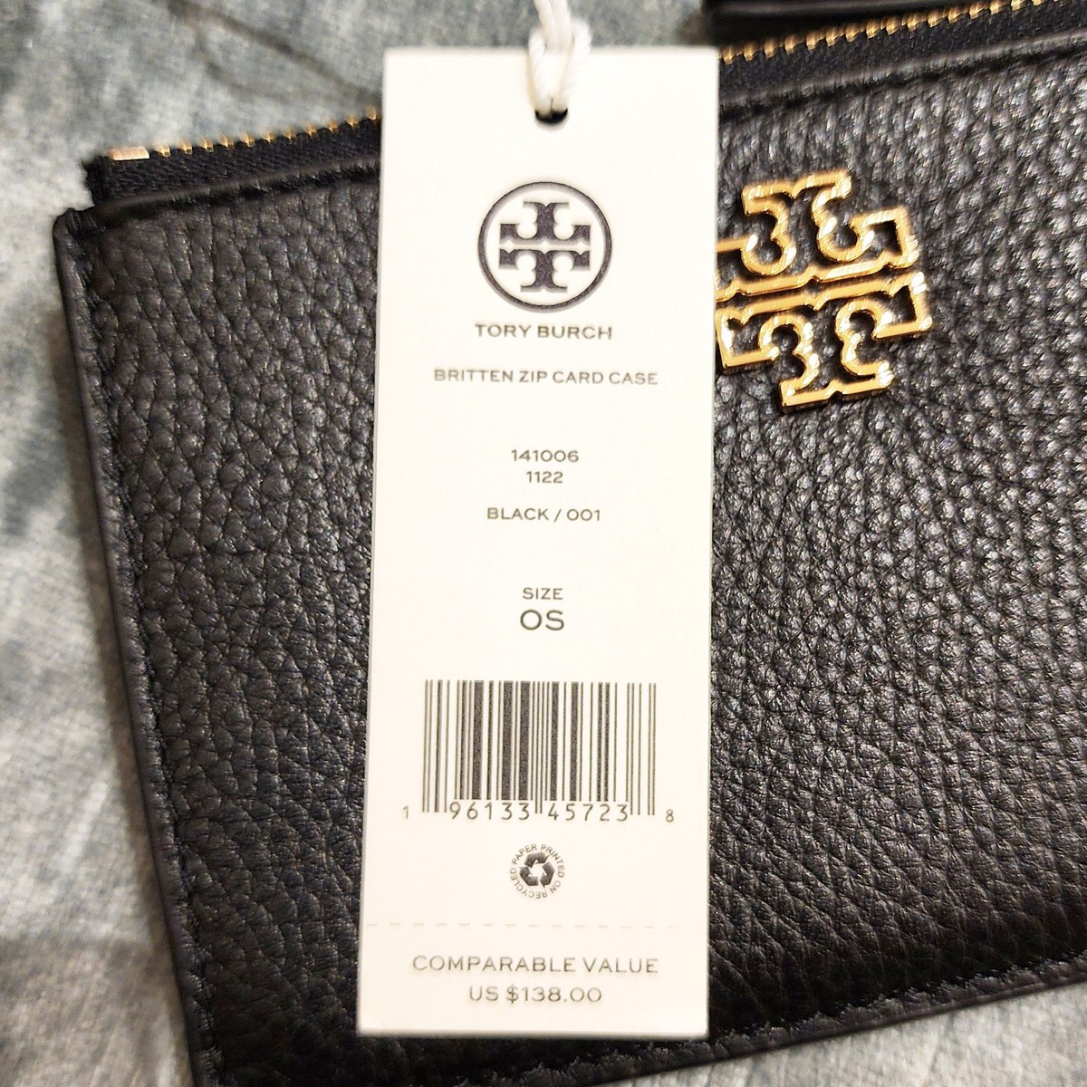Authentic New Tory Burch Britten Black Pebbled Leather Zip Card