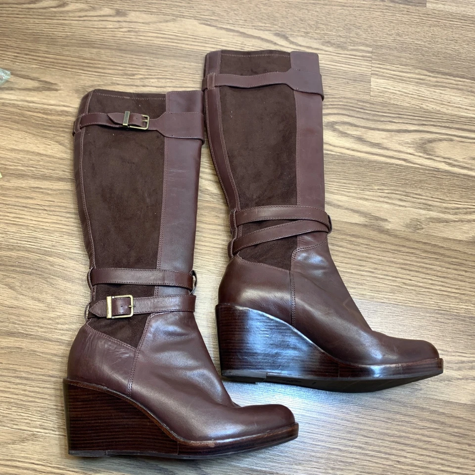 Botas Cole Haan NikeAir altura do joelho anabela couro marrom feminino tamanho 7,5 B - Imagem 2 de 4