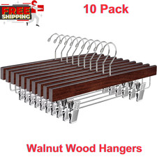 10 Pack Retro Wooden Pants Hangers with 2-Adjustable Clips, Walnut Wood Hangers