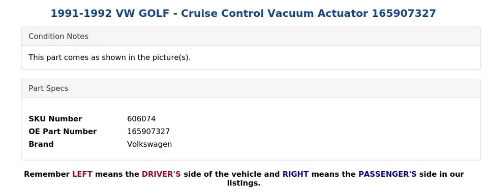 1991-1992 VW GOLF - круиз-контроль вакуумный привод 165907327 - Изображение 4 из 4