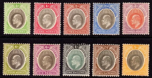 SOUTHERN NIGERIA 1904-09 KEVII wmk MCA set to 5s M, SG 21a-30a cat £208