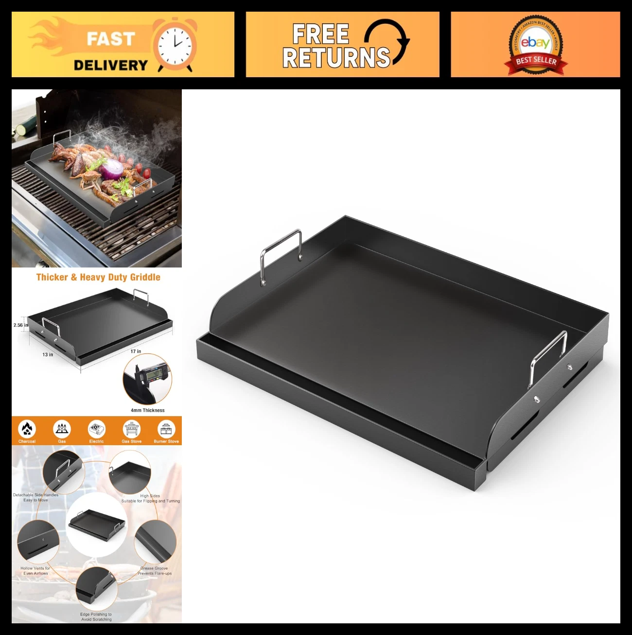 Universal 17"x13" Nonstick Griddle for Gas Grill & Charcoal Stove, Removable Han
