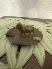 Vintage Etched Brass Cigarette Ashtray W/ Standing Ram Animal