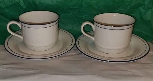 Lenox Chinastone Blue Pinstripes 2  Cups/mugs And 2 Saucers
