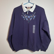 VTG NWT Top Stitch Embroidered Flowers Collared Cottagecore Sweatshirt XL Purple