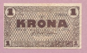 Iceland, 1941 (1945) 1 Krona Emergency WWII Issue, P-22f, Nice VF