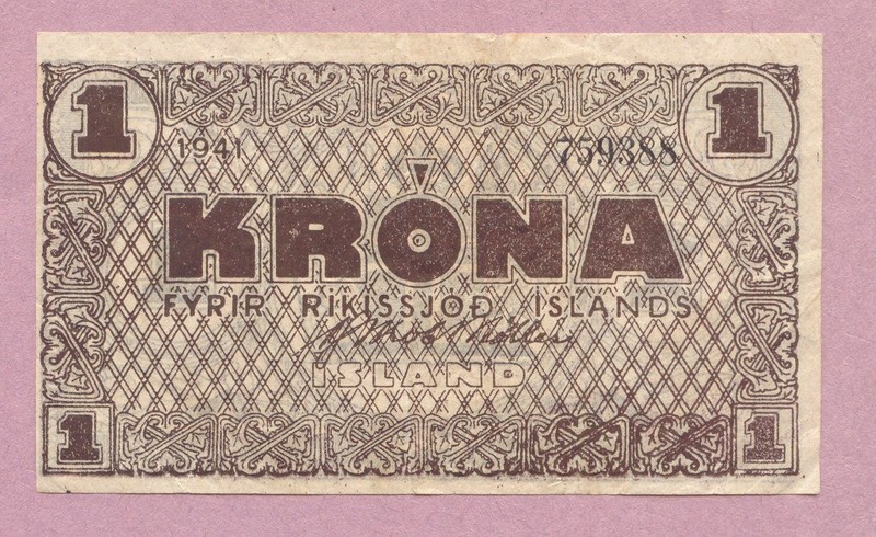 Iceland, 1941 (1945) 1 Krona Emergency WWII Issue, P-22f, Nice VF