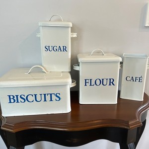 Restoration Hardware Enamelware Set of 4 VTG Flour Cafe Sugar Biscuits READ
