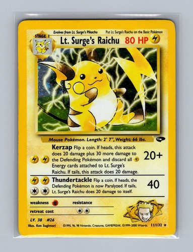 Lt. Surge's Raichu 11/132 Rare Gym Challenge Pokemon Unlimited Holo HP Crease