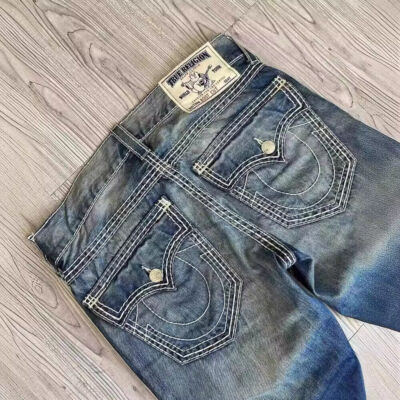American high street fashion brand jeans with white thick thread and big Buddha