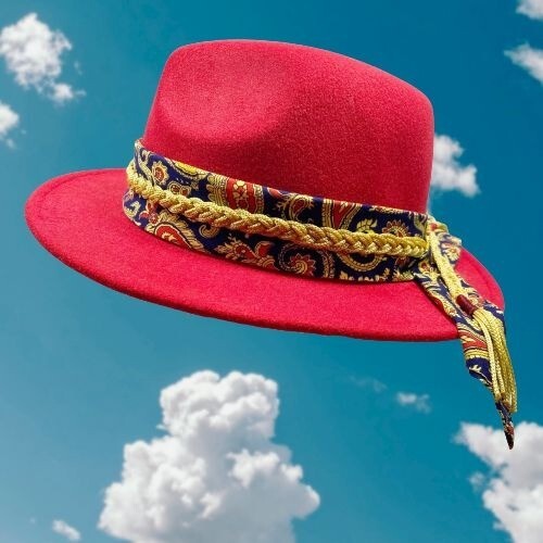 Custom Red Fedora with Gold Braid & Paisley Scarf Detail NWT  display picture 1