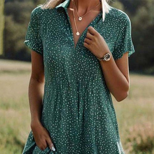 Damen Kurzarm A-Linie-Kleid Sommerkleid Tupfen Midikleid V-Neck Freizeitkleid - Bild 7 von 18