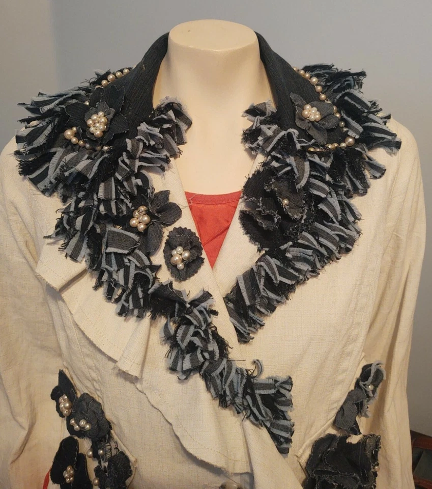 CAbi Cream Jacket Repurose With Denim flowers Big Buttons- Denim Ruffle Collar - Image 3 of 4