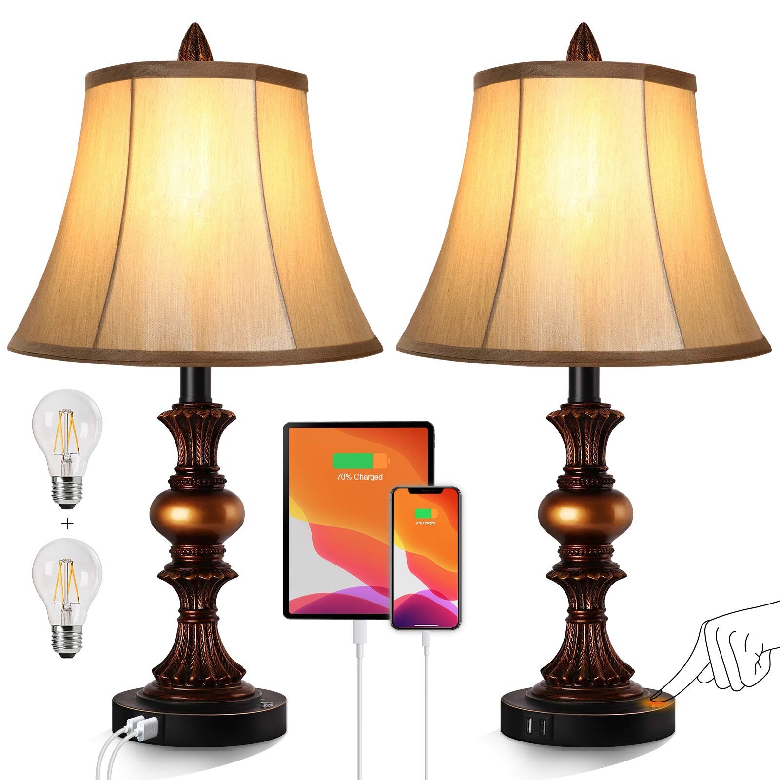 Touch Control Traditional Table Lamp Set of 2, Vintage Bedside Lamps with Dua...