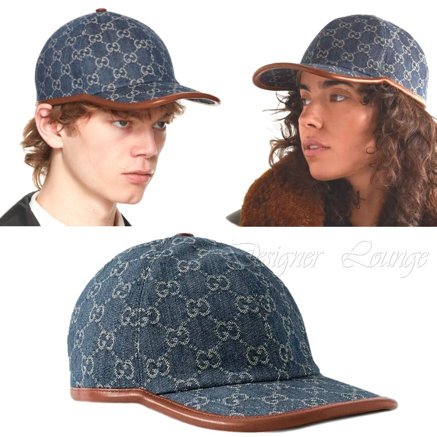 Gucci★素敵!GG Logo Leather Baseball Cap NEW GUCCI GG Monogram Denim Leather Trim Baseball Cap Hat