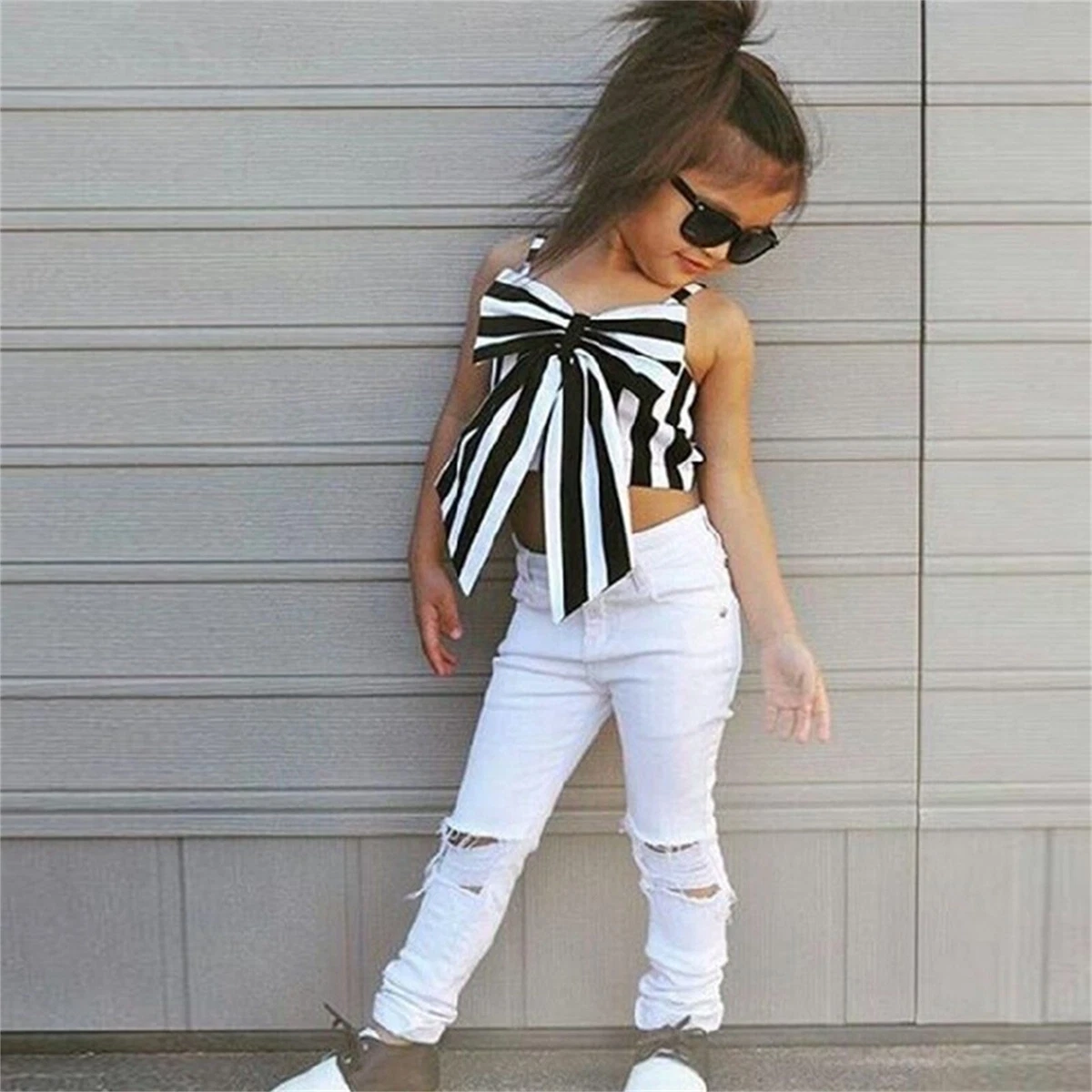 Toddler Kids Girls Big Bowknot Strap Striped T Shirt Tops Hole