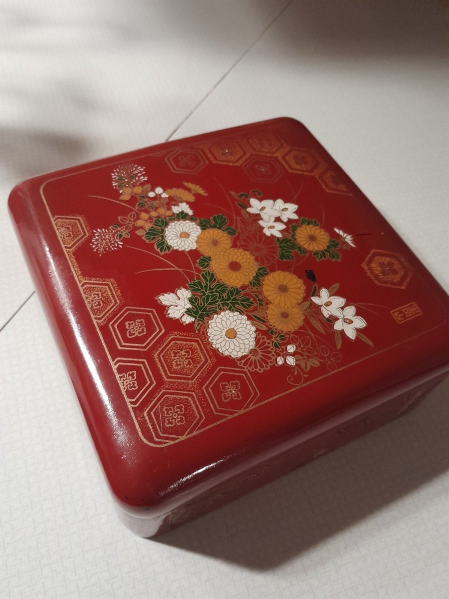 Unique Vintage Japanese Red Lacquer Bento Box Enamel Hand Painted