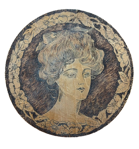 Antique Pyrography Gibson Girl Portrait Flemish Art Wooden Wall Plaque 1900 852
