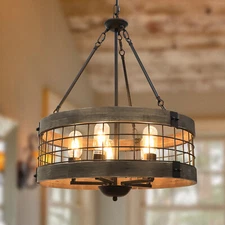 19inch 5-Light Rustic Farmhouse Chandeliers Island Wood Cage Drum Pendant Light