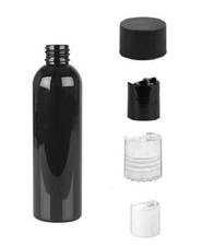 4 oz BLACK Bullet Plastic Bottle -PET- 12 bottles BLACK RIBBED Lids