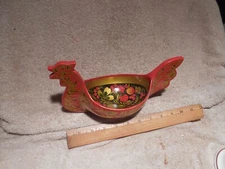 Russian Khokhloma Hand Carved & Painted Wood 10" Chicken Folk Art Bowl 6244