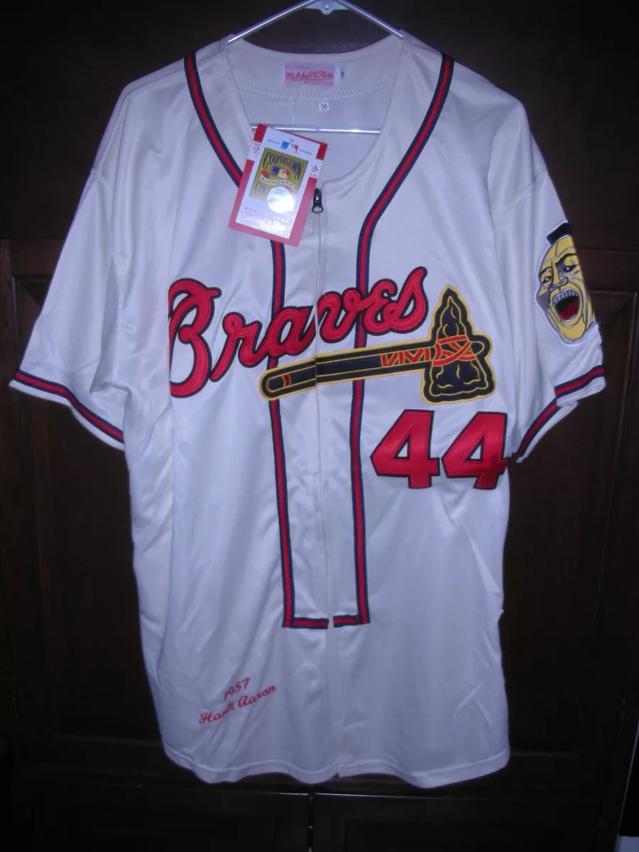 NWT., HANK AARON ZIPPERED MILWAUKEE BRAVES JERSEY, MITCHELL & NESS, 56,  CREAM