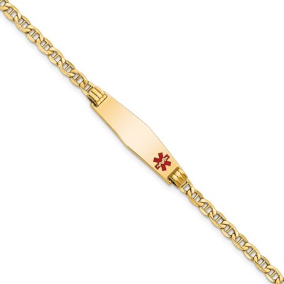 14k Gold Medical Semi-solid Soft Diamond Shape Red Enamel Anchor ID Bracelet