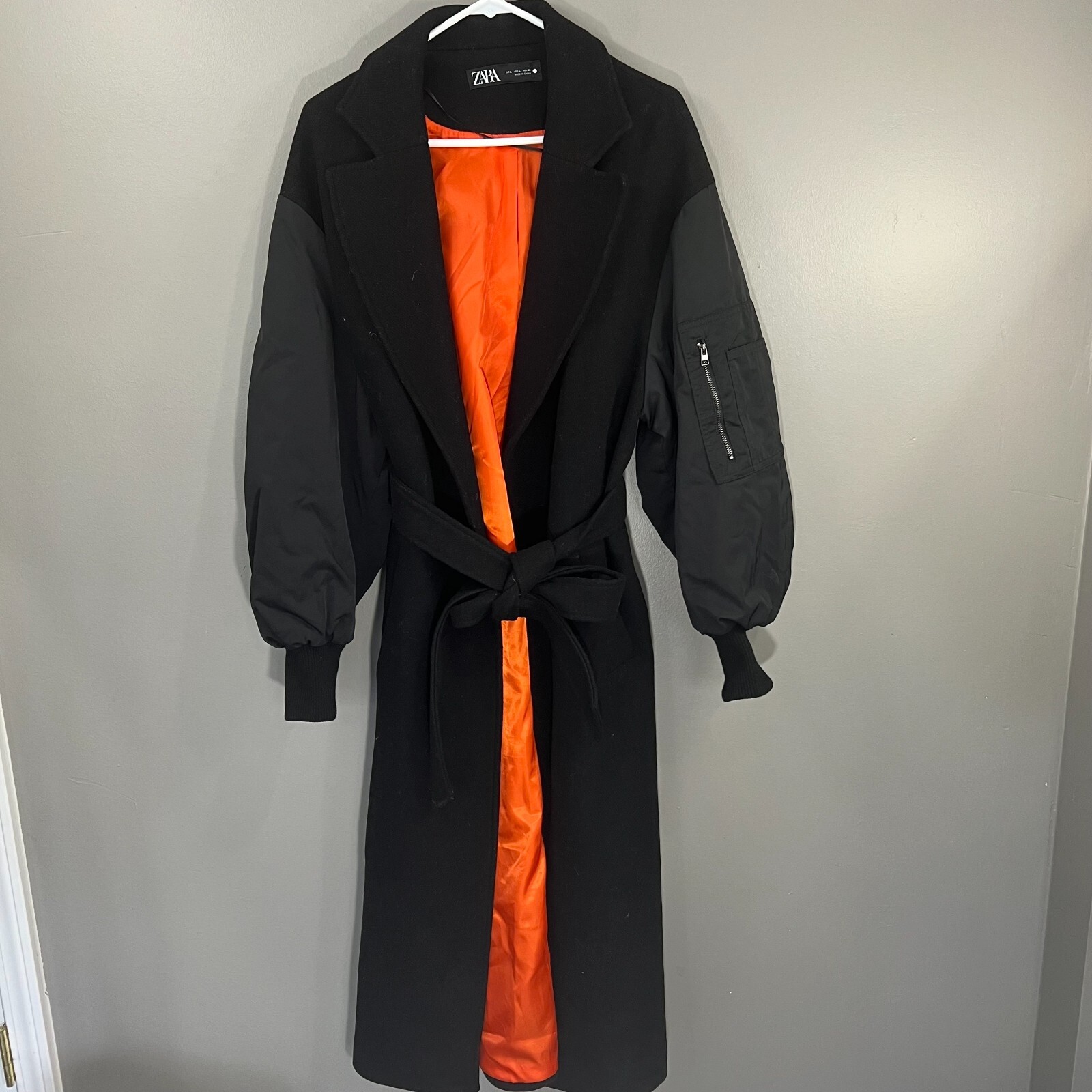Zara Rare Black Wool Long Matching Bomber Coat Trench Style Bomber sleeves Large