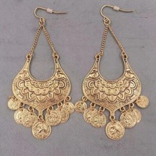 9cm long BOHO roman COINS drop dangle coin EARRINGS antique VINTAGE GOLD PLATED