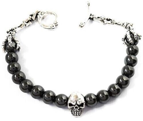 SKULL SKELETON CLAW BONE 925 STERLING SILVER HEMATITE BRACELET 9" - Picture 1 of 4