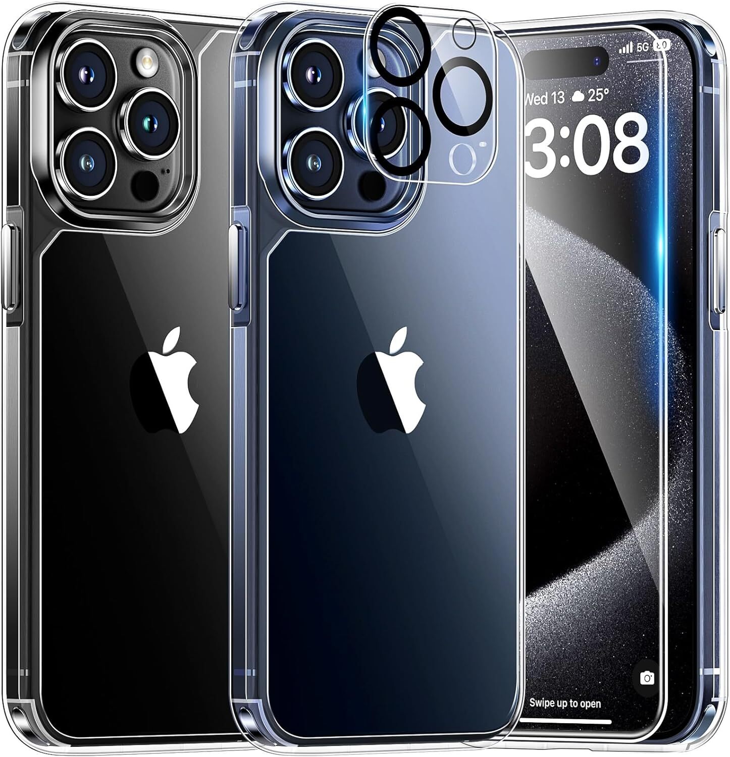 5 in 1 for iPhone 15 Pro Case Clear, [Not-Yellowing] with 2X Screen Protector +