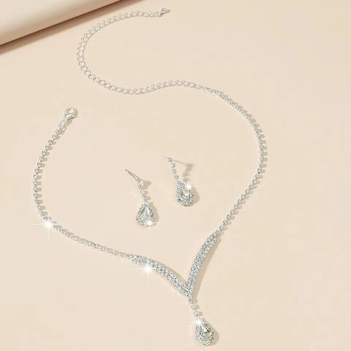 ELEGANT CLEAR RHINESTONE CRYSTAL NECKLACE EARRINGS SET BRIDAL, SILVER WHITE - Picture 4 of 12