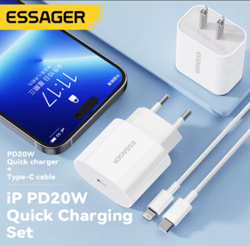 ESSAGER Fast Charger Adapter 20W with USB-C to iOS Cable for iPhone, Tablets - Photo 4 sur 11