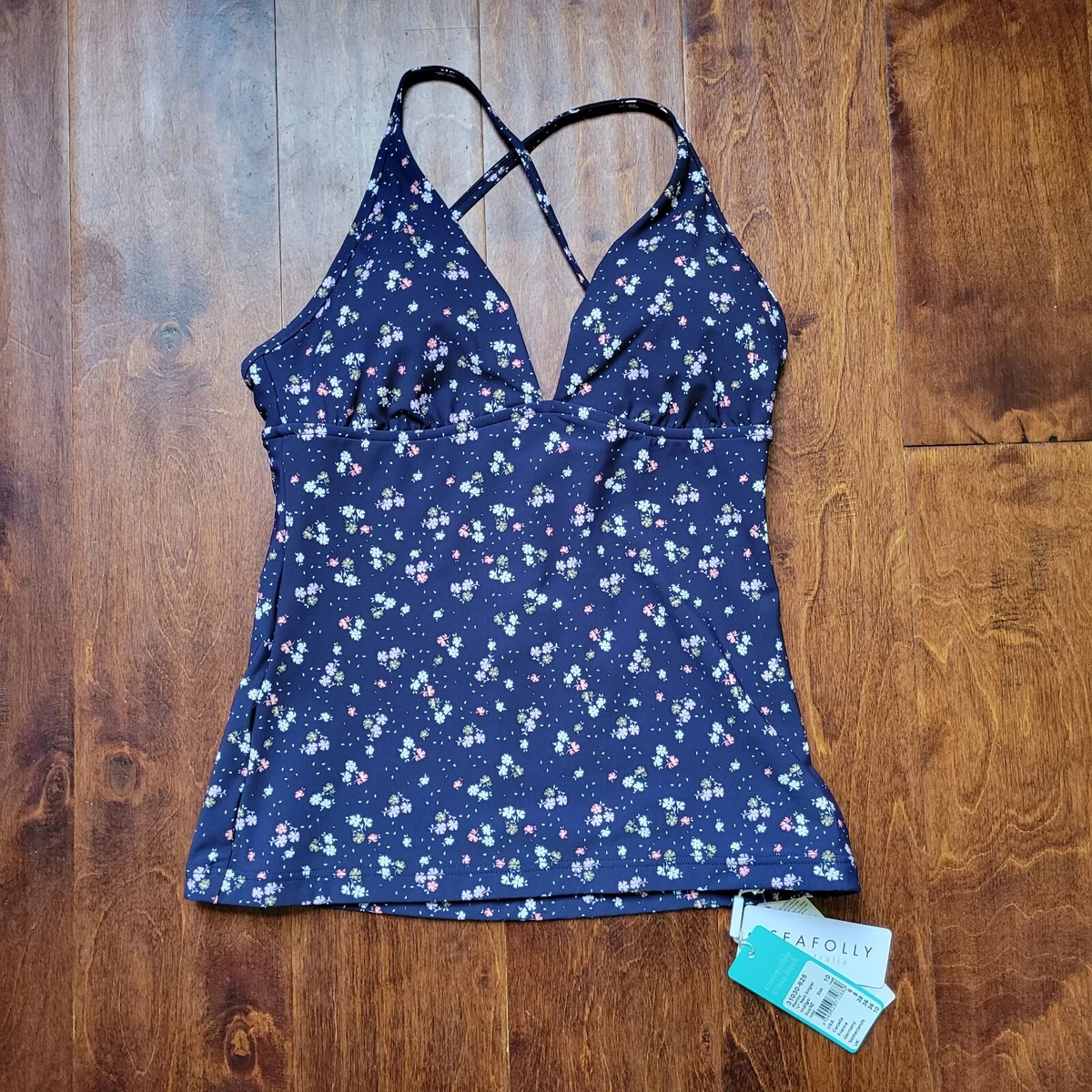 Nwt Seafolly Tankini Blue Floral Remix Top V Neck Singlet Lycra US