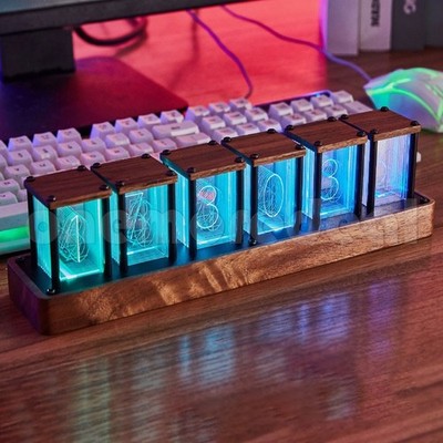 Walnut Round Retro Nixie Tube Clock Digital RGB Color Pseudo Glow Tube Clock