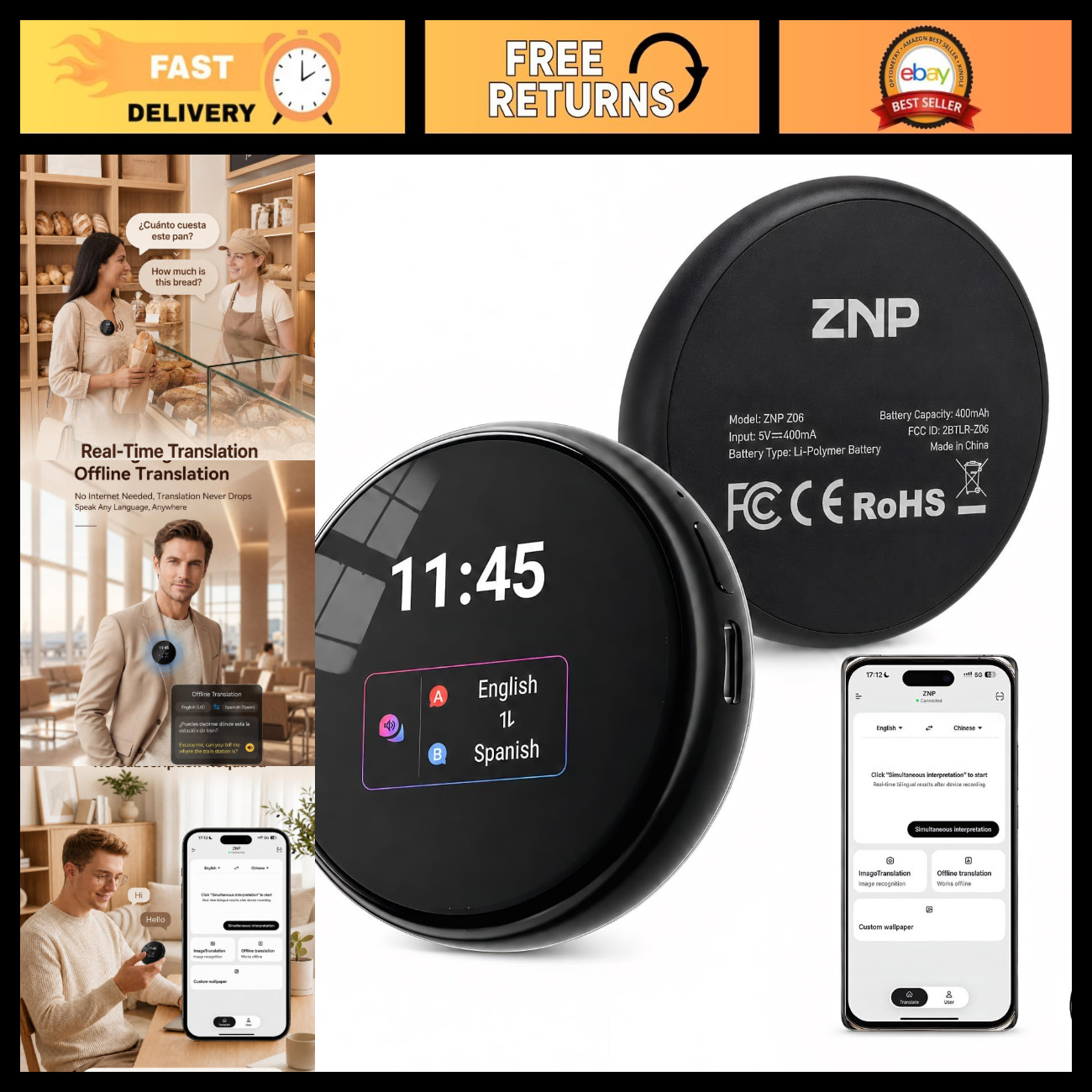 Smart Wearable AI Language Translator - Real-Time Translation in 165 Languages