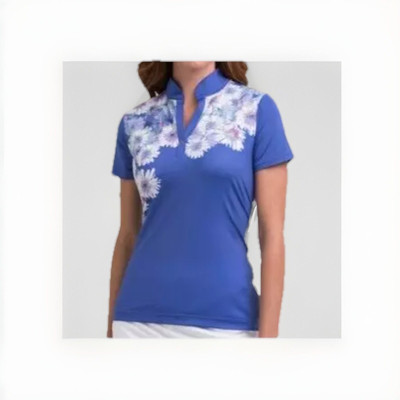 EP PRO NY WOMEN'S SHORT SLEEVE Y NECK DAISIES POLO GOLF LARGE BLUE NEW CLUB LOGO