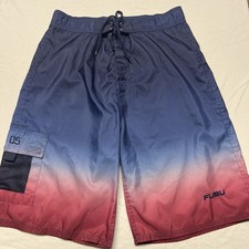 Y2K Baggy FUBU Men's Board Shorts Blue Red Ombr  Drawstring Pockets Size 36