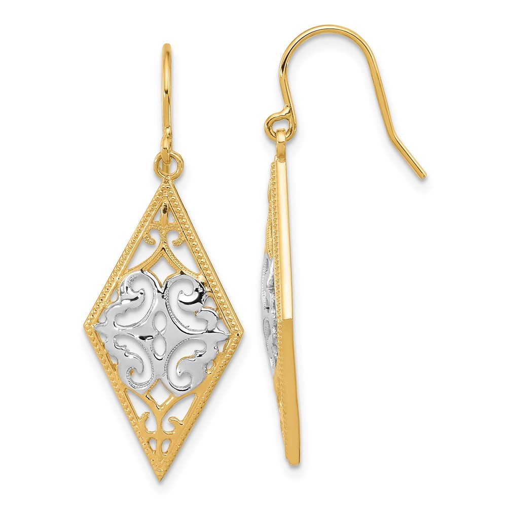 14k Yellow Gold & White Rhodium Diamond Shape Filigree Drop & Dangle Earrings